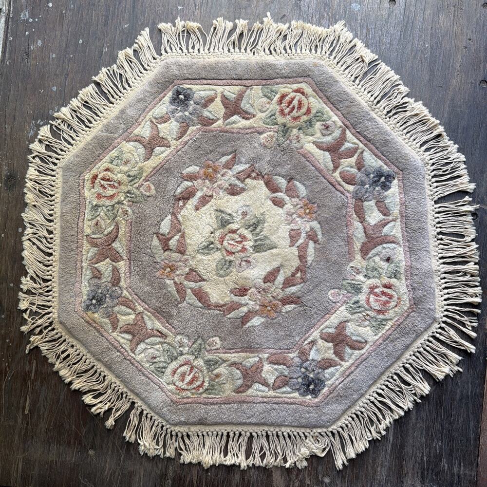 Lao-Sheen Handmade 3’6” Hexagon Aubusson Floral Chinese Area Rug Vintage 1970s